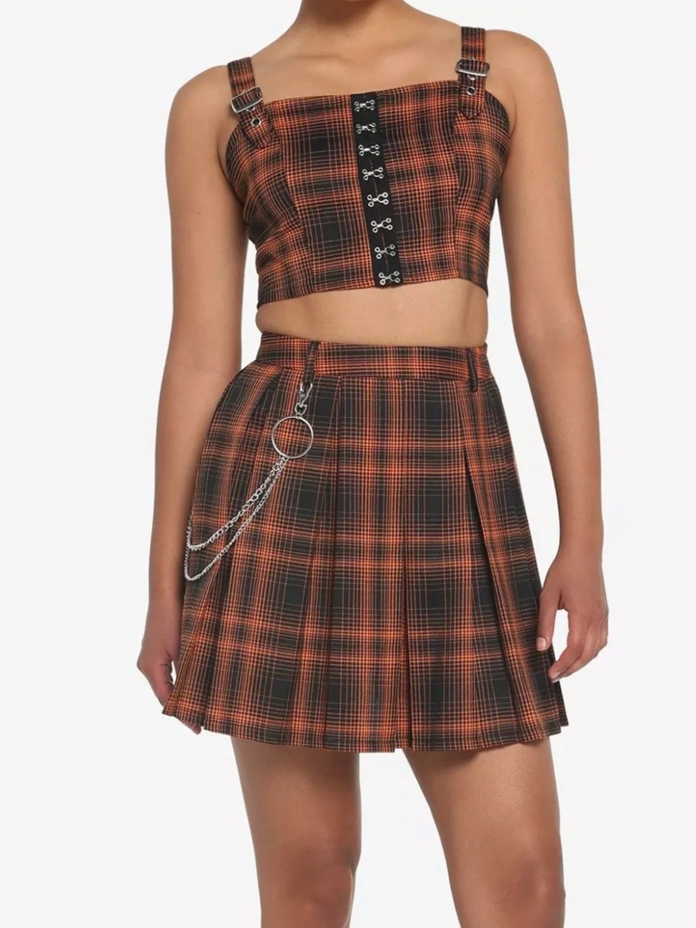 Hot Topic Orange and Black Plaid Pleated Mini Skirt with Chain